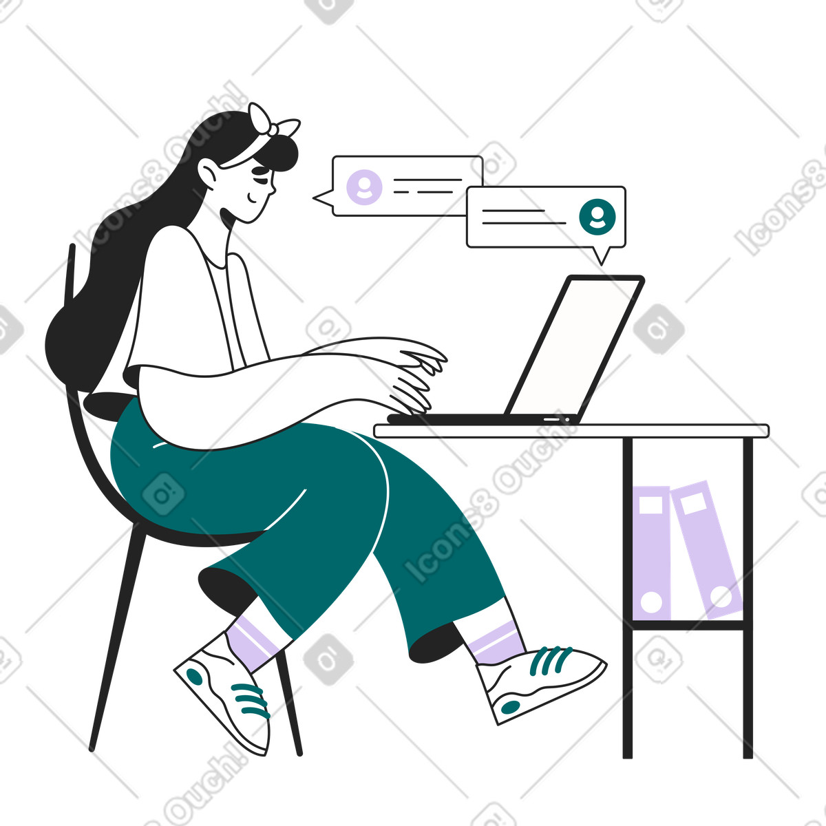 Employee engaging in online chat via laptop, conversation or remote work illustration Sammy Line style download PNG, SVG