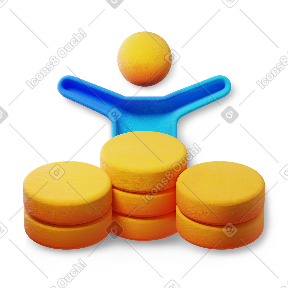 下载 3D Microsoft Fluent illustration 风格的 Investment growth with joyful person standing behind coin stacks 插画，支持 PNG、SVG 格式