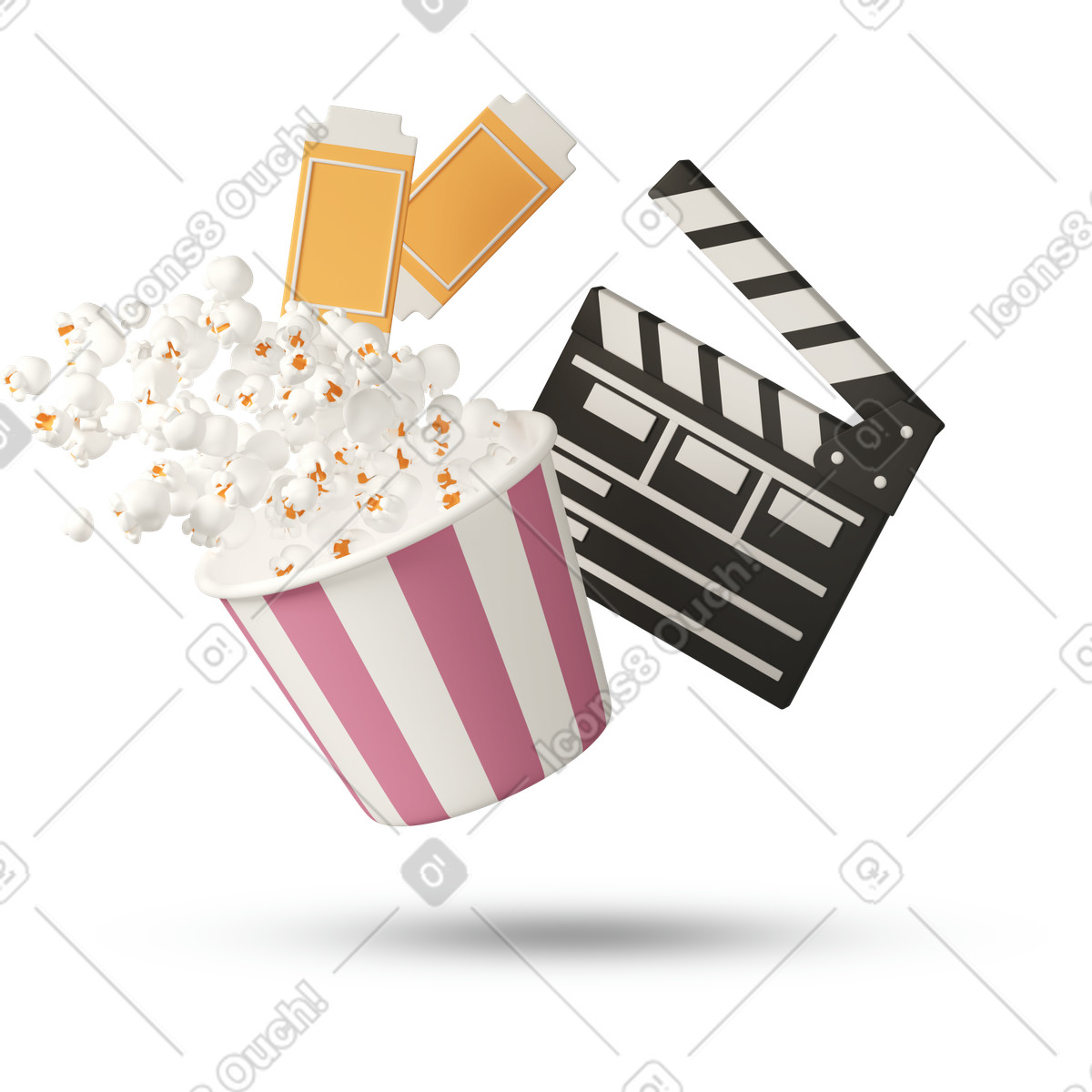 Film clapper, popcorn, and movie tickets illustration in 3D Casual life style download in PNG, SVG