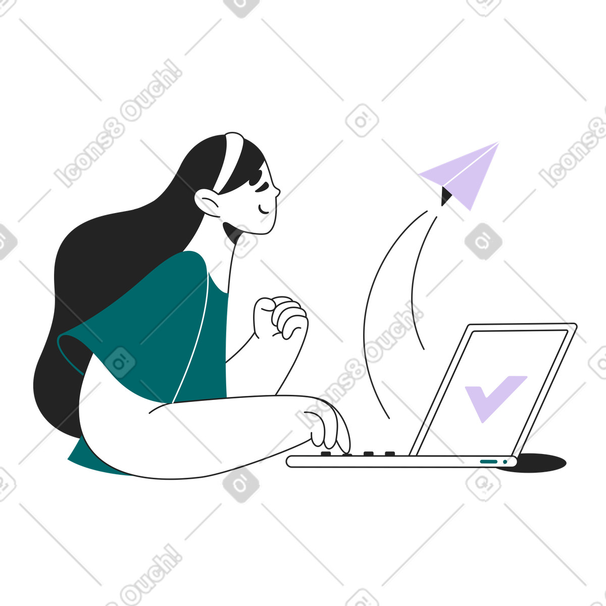 Ilustración Chica envía un mensaje desde su computadora portátil en estilo Sammy Line a descargar en PNG y SVG