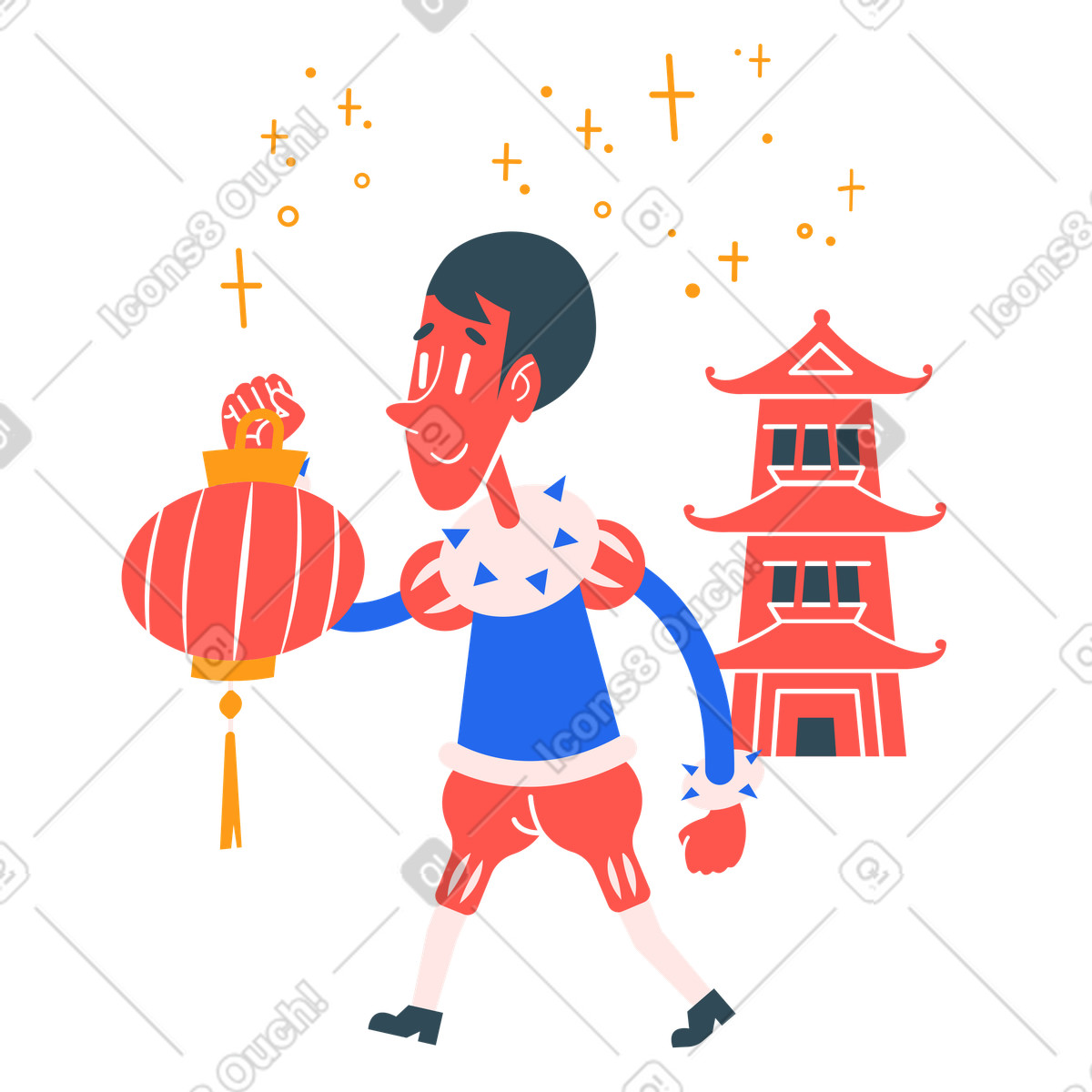 Ilustração de Walking with lantern near pagoda, Festive traditions and Asian holiday em no estilo Kingdom para baixar em PNG, SVG