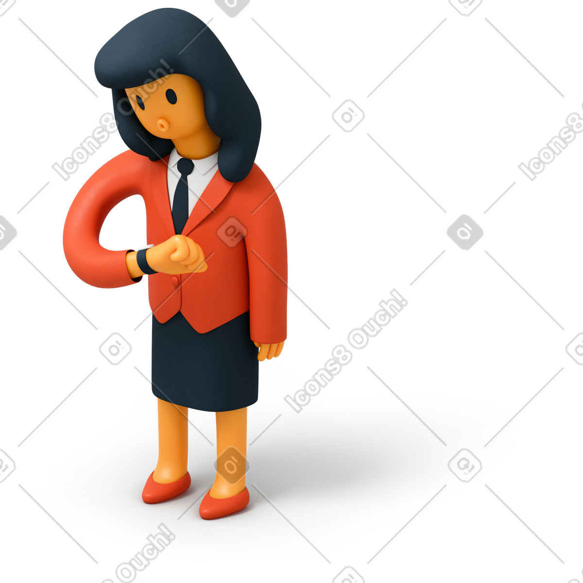 Frau im anzug mit blick auf die armbanduhr-Illustration 3D Flame-Stil als Download in PNG, SVG