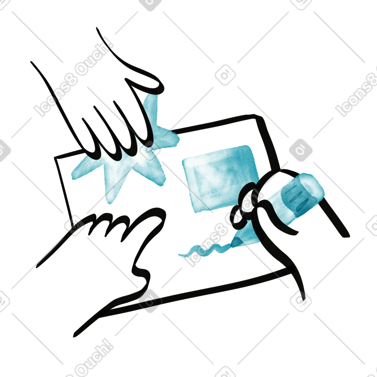 Hands collaborating on craft project with paper star and marker illustrazione in stile Watercolor sketch scarica in PNG, SVG