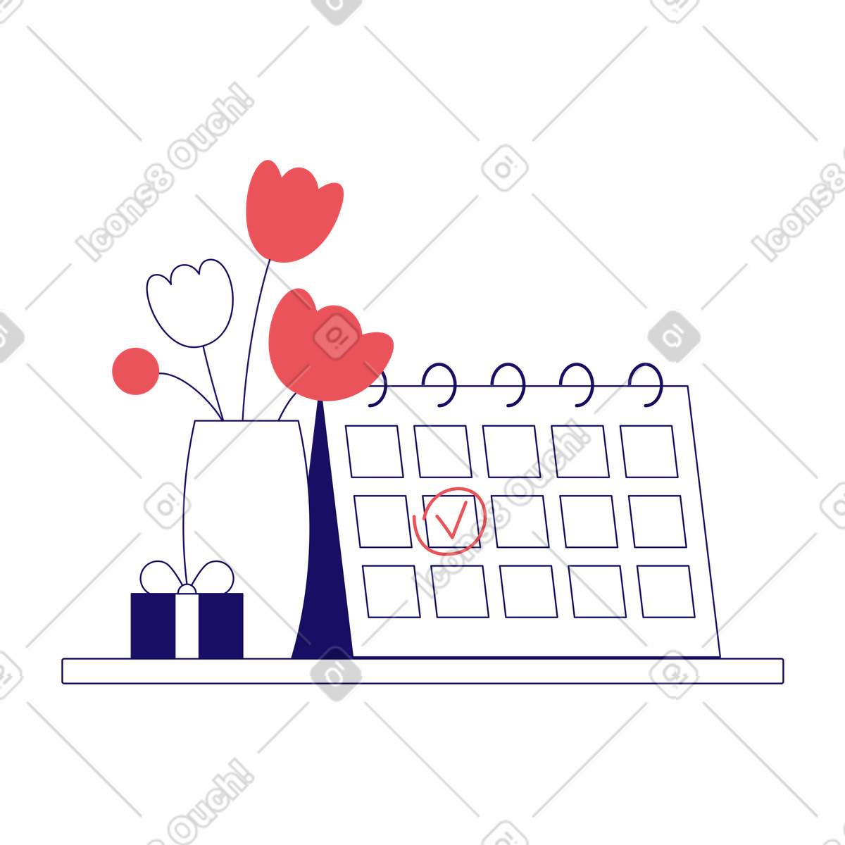 Calendario con il segno di spunta segnato su esso, fiori e presente illustrazione in stile Bendy scarica in PNG, SVG