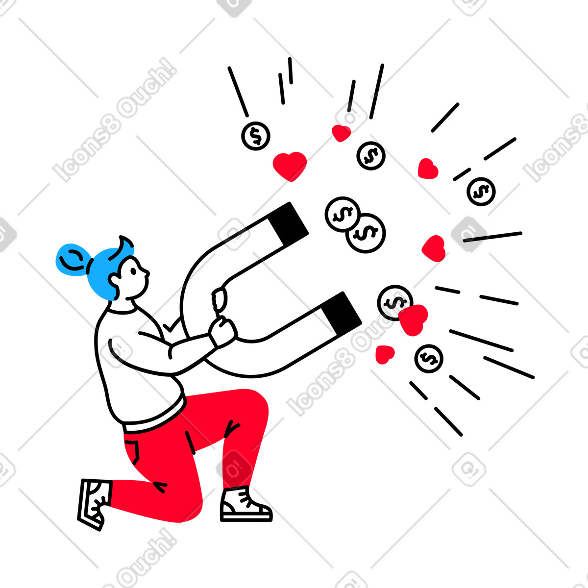 Girl magnetically attracts coins and likes illustration in Transistor style download in PNG, SVG