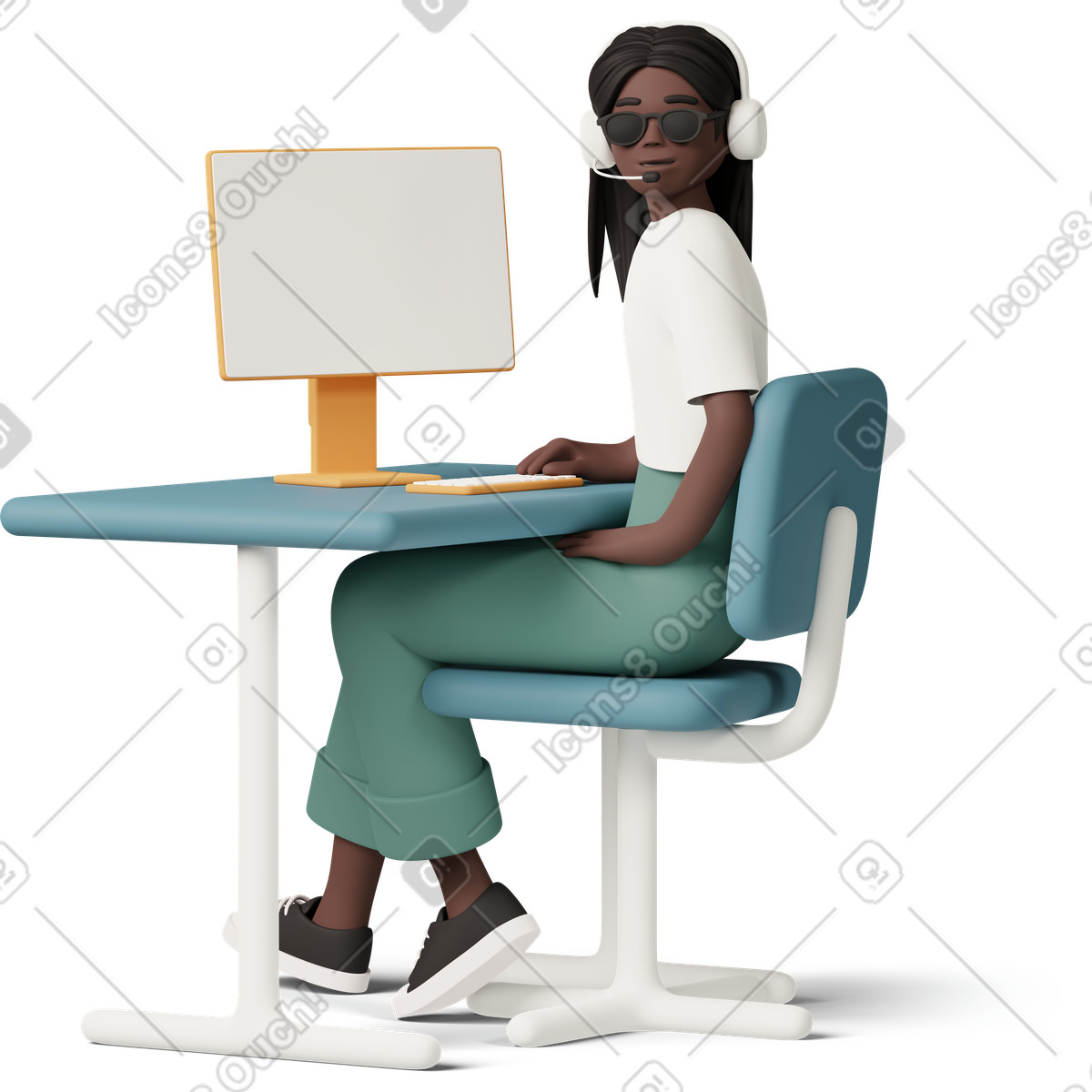 3D Casual life 스타일의 Blind girl sitting in headphones front of computer 일러스트레이션 PNG, SVG 다운로드