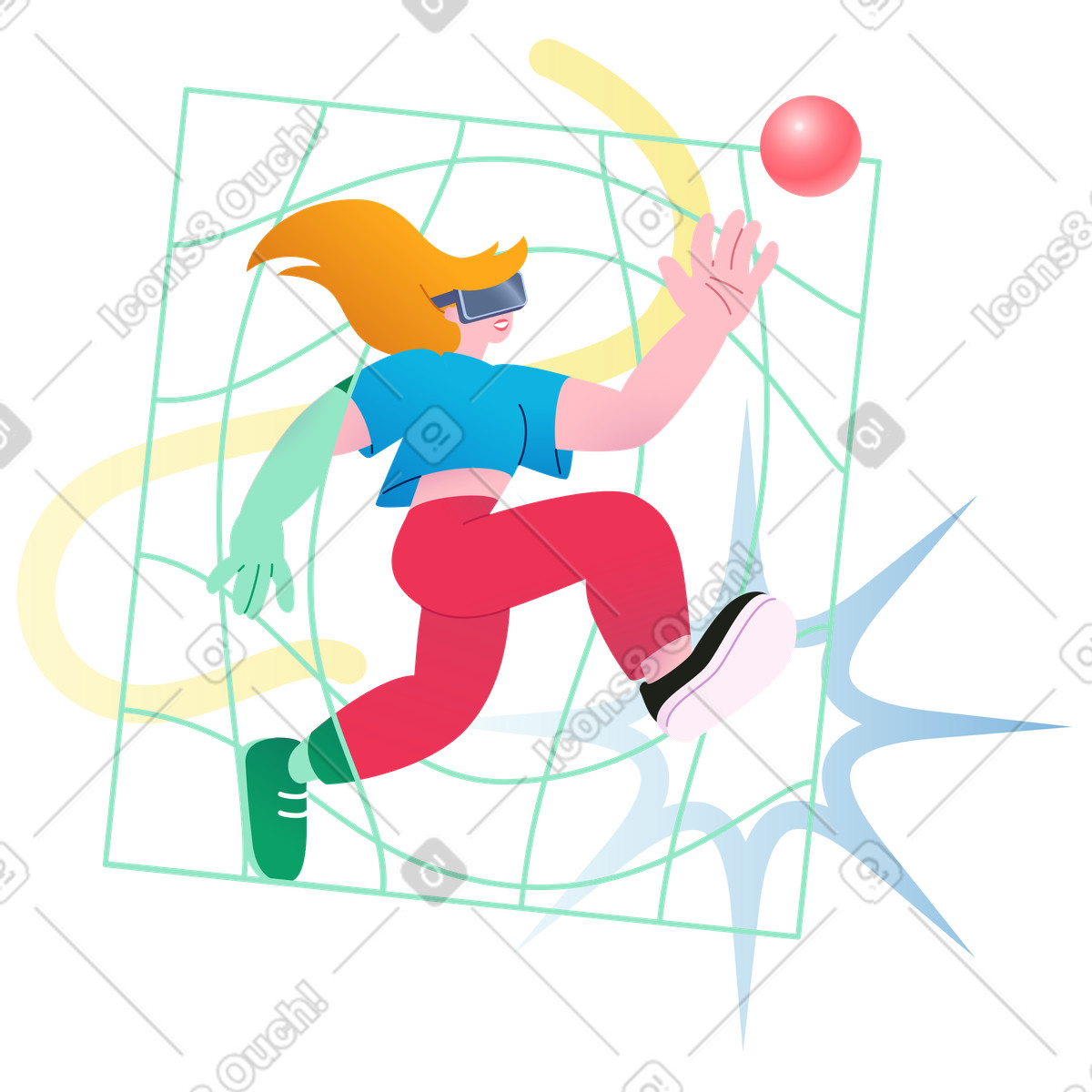 Running in virtual reality world, Fitness gamification or digital training illustration Colors style download PNG, SVG