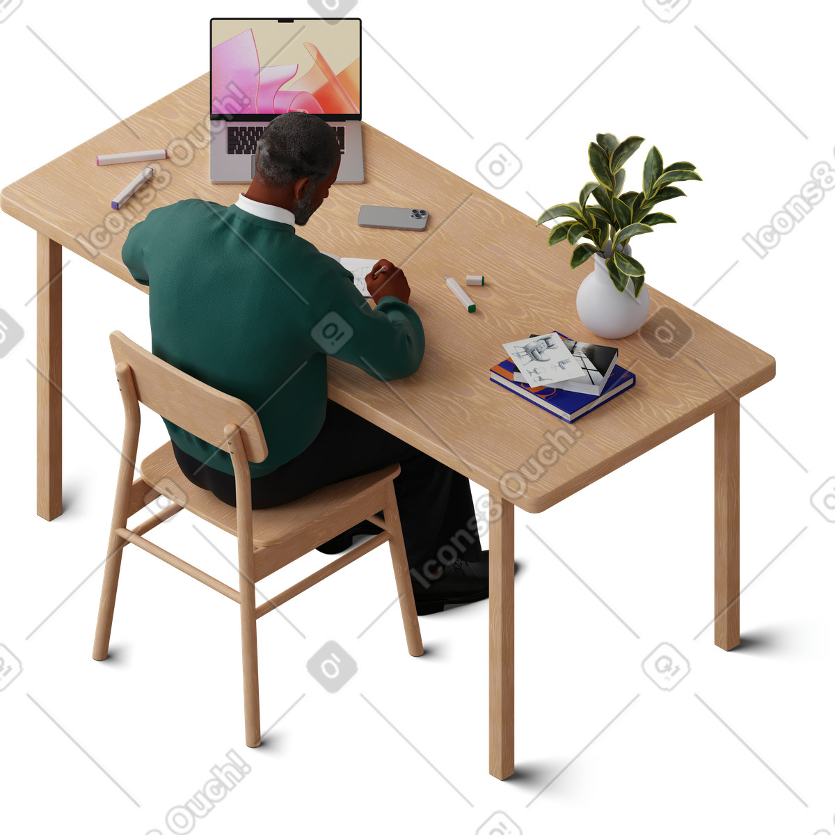 Isometric view of man sketching furniture illustration in 3D Hygge style download in PNG, SVG