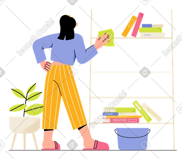 책장을 천으로 청소하는 여자 PNG, SVG