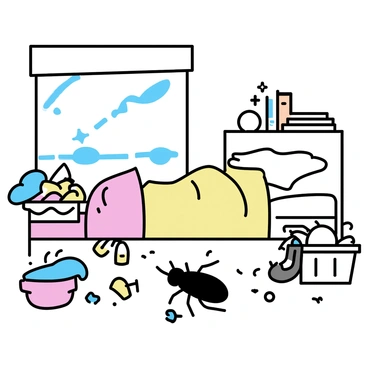 A cluttered bedroom filled with various items scattered around. There is a bed with crumpled sheets pushed against one wall. Above the headboard, a small shelf holds several books and an alarm clock. On the floor, a pair of mismatched shoes lies next to a colorful rug. In one corner, a laundry basket is overflowing with clothes. Under the bed, a large beetle, glossy and dark, is hiding among the dust bunnies and forgotten toys. Outside the window, soft light filters into the room, creating a contrast with the shadows.