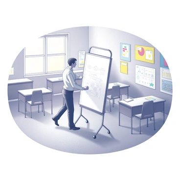 A teacher pushing a rolling whiteboard in a vibrant classroom.