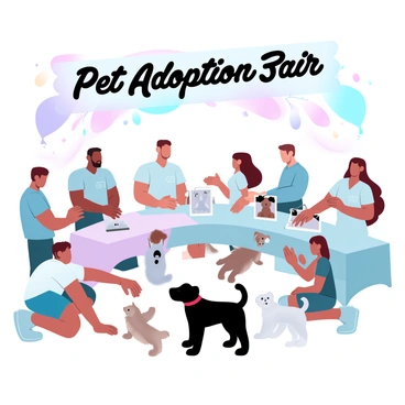 A diverse group of people of varying ages is gathered at a pet adoption fair. Children are kneeling down, reaching out to pet small puppies, while teenagers are engaging with fluffy kittens. Adults are chatting with volunteers, some holding leashes of dogs ready for adoption. A colorful banner above reads "Pet Adoption Fair" in large letters. Several tables are set up around the area, showcasing different pets available for adoption with signs and photos. Brightly colored balloons float in the air, adding to the lively atmosphere.