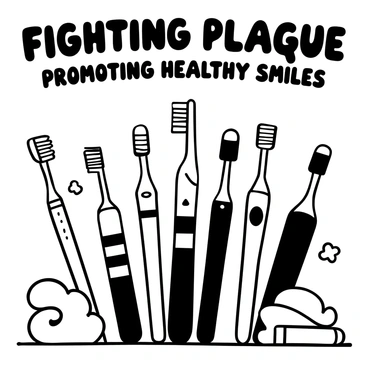A group of toothbrushes with distinctive superhero designs are gathered in a dynamic pose, ready for action. Each toothbrush has a unique color scheme and emblem representing its powers against plaque. They are surrounded by swirling cartoon-like representations of plaque that appear to be retreating. The scene includes tools like dental floss and mouthwash positioned as sidekicks, adding to the theme of combating dental issues. The words "Fighting Plaque, Promoting Healthy Smiles" are displayed boldly above them.