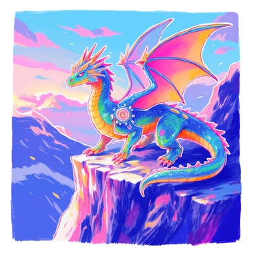 A dragon with shimmering scales in shades of green and blue is perched on a rocky cliff. The dragon features cybernetic enhancements, including mechanical wings with intricate metal plating and glowing lights. Its eyes are bright and luminous, providing an intense gaze. The underbelly of the dragon glows with a soft, pulsating light, casting a faint illumination on the rocks below. Streams of energy run along its spine, connecting various technological components. In the background, a twilight sky is filled with scattered clouds, adding depth to the scene.