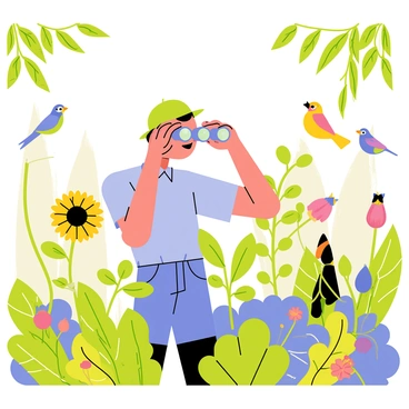 A person wearing a green hat and a light blue shirt is holding a pair of binoculars up to their eyes. They are standing in a lush garden filled with vibrant flowers and green foliage. Colorful birds can be seen perched on branches, with some flying around in the background. The garden has a variety of plants, including tall sunflowers and low-growing bushes. The sunlight filters through the leaves, creating dappled light across the scene.