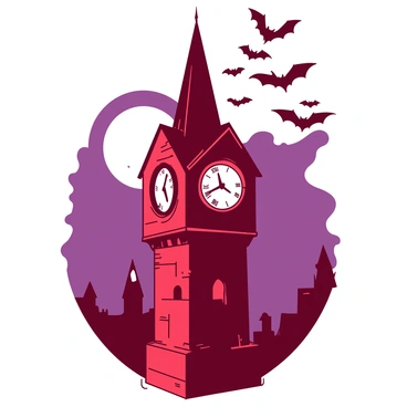 A red old clock tower stands tall with a broken clock face. The clock tower is made of weathered stone, and its spire is pointed and slightly crooked. Swirling around the spire are several black bats, their wings outstretched as they navigate the night sky. In the background, a large white moon is rising, casting a soft glow over the scene. The atmosphere is enhanced by the darkening sky as twilight approaches, highlighting the silhouette of the clock tower against the moonlit backdrop.