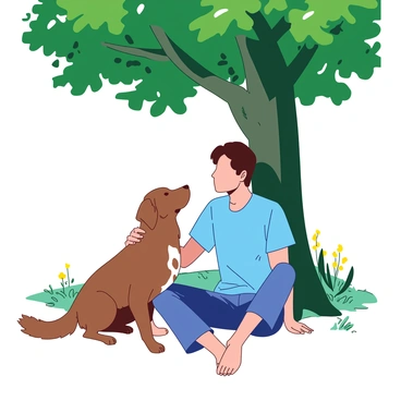 A loyal dog sitting faithfully beside its owner under a tree