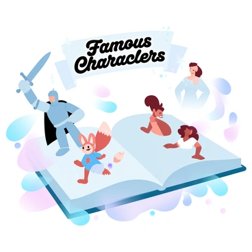 Famous book characters coming to life and popping out of an open book
