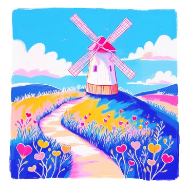A charming windmill stands tall on a grassy hill. The structure is painted white with a wooden base. Each of the blades is uniquely shaped like hearts, rotating gently in the soft breeze. The sky above is a bright blue with fluffy white clouds scattered around. Wildflowers in various colors bloom around the base of the windmill, adding splashes of yellow, purple, and red to the scene. A narrow dirt path leads up to the windmill, inviting the viewer to explore further.