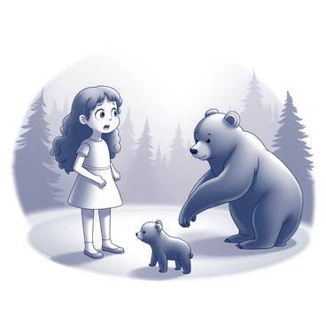 A young girl with long, curly hair is standing in a forest clearing. Her wide, surprised eyes and slightly open mouth convey her astonishment. She wears a simple, pale dress that flows just above her knees. In front of her, three bears are positioned. The first bear is large and has a robust build, while the second bear is medium-sized and appears curious. The third bear is a small cub, looking up at Goldilocks with an innocent expression. The forest surrounding them is dense with trees and underbrush, creating a natural backdrop. The overall scene captures a moment of unexpected encounter.