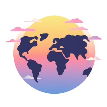 A silhouette of a globe is positioned prominently in the foreground. The globe features detailed outlines of continents in a dark color. Behind it, a stunning sunset creates a vivid backdrop with warm hues of orange, pink, and purple blending into one another. The lower part of the sky is illuminated with a brighter yellow, gradually fading into deeper shades as it rises. Fluffy clouds are scattered throughout the sky, catching the light of the sunset. The overall composition evokes a harmonious and serene atmosphere.