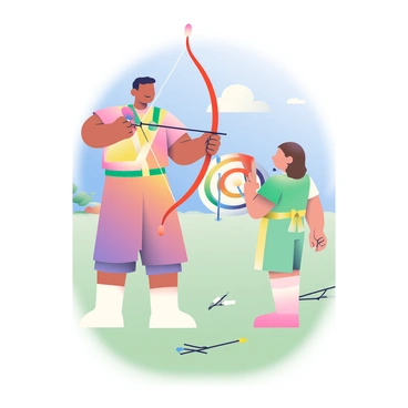 An archery instructor guiding a young student on how to hold a bow correctly
