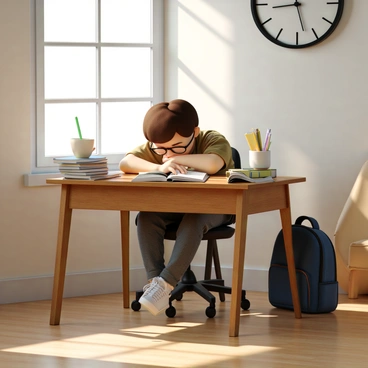 A student with short brown hair wearing glasses is slumped over a stack of open textbooks on a wooden desk. They are resting their head on their arms, with a look of exhaustion on their face. The desk is cluttered with various stationery items, including pens, a notebook, and a coffee cup. Sunlight streams through a nearby window, casting soft shadows across the room. A clock on the wall shows that it is early afternoon. A backpack lies on the floor beside the desk.