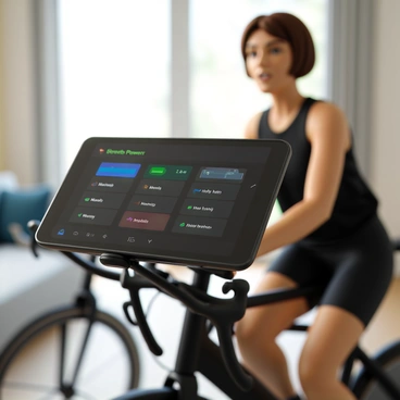 A close-up view of a Peloton bike's screen, clearly showing various power metrics such as "Watts," "RPM," and "Heart Rate." The screen has a sleek design with vibrant colors and readable text. In the background, a user with short brown hair is focused on their workout, wearing a black tank top and cycling shorts. The user is slightly blurred to emphasize the screen in front of them. The bike frame is glossy black with subtle reflections, and the surrounding area includes hints of a modern home fitness space.