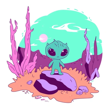 A small teal alien with large, expressive eyes is standing on a purple rock. The alien appears curious, gazing at its surroundings with wonder. In the background, there are towering pink plants with glowing tendrils reaching towards the sky. The ground is covered in orange and yellow grass, dotted with sparkling crystals of various sizes. A distant, swirling turquoise sky is illuminated by two suns, casting unique shadows across the vibrant landscape.