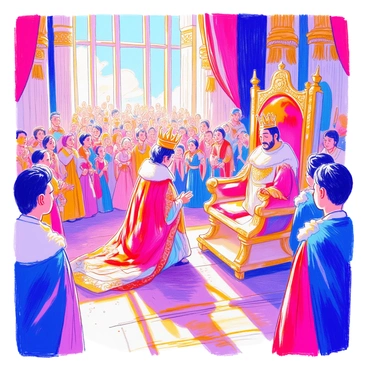 A grand coronation ceremony takes place in a large ornate hall filled with cheering subjects. At the center, a regal king wearing a richly embroidered royal robe and a golden crown is kneeling before a majestic throne. The throne is adorned with intricate carvings and plush cushions. Around the king, noblemen and women in elegant attire are gathered, some holding banners and flags. The hall is decorated with elaborate tapestries and golden decorations. In the background, large windows allow sunlight to stream in, illuminating the scene with a warm glow. The subjects in the crowd display expressions of joy and admiration, some raising their hands in celebration.