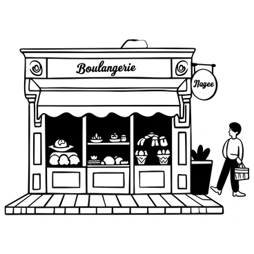A charming bakery with intricate wooden detailing and a small awning. The window displays an array of fresh pastries, including croissants, éclairs, and fruit tarts arranged on white ceramic plates. A vintage sign hangs above the door, with the words "Boulangerie" elegantly scripted. A small potted plant sits on the windowsill, adding a touch of greenery. The cobblestone street outside is lined with a few pedestrians casually walking by.