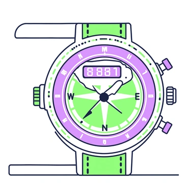 A wristwatch is displayed prominently on a wooden surface. The watch has a circular face featuring both digital and analog elements. The top portion of the face shows a digital stopwatch reading with a timer counting up. Below it, there is a traditional compass rose with cardinal directions clearly marked. The wristband is made of durable material, with visible stitching. The watch has buttons on the sides for starting and stopping the stopwatch function. Light catches on the glass face, highlighting the intricate details of the watch's design.