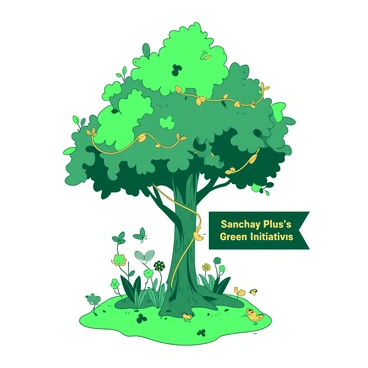 A green tree with lush leaves stands in the center of the image, its trunk wrapped in golden vines that blend seamlessly with various financial symbols, such as coins and currency signs. Surrounding the tree, there are vibrant flowers and small plants growing, symbolizing growth and prosperity. Beneath the tree, a green soft grass carpet spreads out, and small animal figures like birds and butterflies are seen interacting with the environment, representing harmony between nature and finance. A subtle banner is integrated into the scene with the text "Sanchay Plus's Green Initiatives" prominently displayed in golden letters.