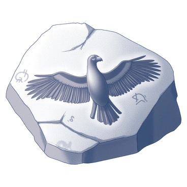A large rock surface displaying an ancient carving of a condor. The condor is depicted with outstretched wings, showcasing its impressive wingspan. The details of the carving are worn, revealing the effects of time on the stone, with cracks and erosion visible throughout the surface. The surrounding area features additional faint markings and symbols, hinting at the historical significance of the site. The overall composition emphasizes the grandeur of the condor as a central figure in this weathered artwork.