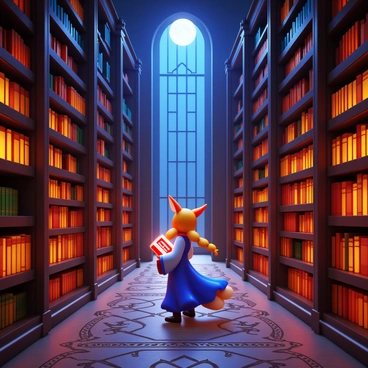 A character resembling "Ahri," with fox-like ears and nine tails, is exploring a vast, ancient library. The library features towering bookshelves made of dark wood filled with numerous glowing tomes that emit a soft light. The floor is covered with intricate, ornate patterns, leading to a central reading area. Surrounding the area are large, arched windows that allow moonlight to stream in, enhancing the magical ambiance. The character is dressed in a flowing outfit that complements her mystical aura, as she gazes curiously at a particularly bright tome in her hands.