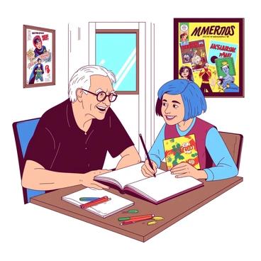 A white-haired elderly man with glasses is sitting at a wooden table, smiling warmly at a young artist who is holding a sketchbook. The young artist, with vibrant blue hair, looks inspired as they listen intently. The table is scattered with colorful markers, pencils, and comic books. In the background, there are framed comic book covers featuring notable superheroes. Natural light streams in through a nearby window, illuminating the scene and highlighting the joyful expressions of both individuals.