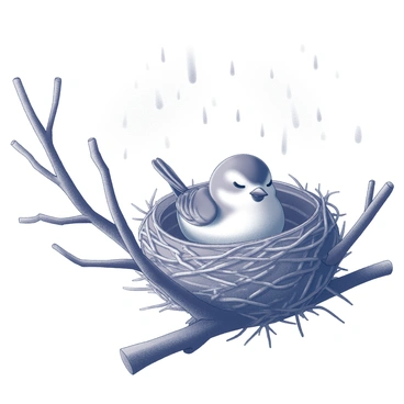 A bird is nestled comfortably in its nest, which is crafted from twigs and leaves. The nest is securely perched on a sturdy branch of a tree, providing shelter. Outside the nest, heavy rain is falling, and wind bends the branches of nearby trees. The bird is a small songbird, with its eyes gently closed, indicating a state of calm amidst the chaos of the storm. Raindrops are cascading down around the nest, and occasional flashes of lightning can be seen in the distance, emphasizing the stormy atmosphere. The overall scene conveys a sense of safety and trust in the nest's protective embrace.