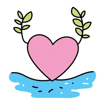 A red heart, shaped elegantly, is intertwined with two slender green trees on either side. The trees have detailed leaves that stretch upwards, reaching towards the top of the image. Below the heart, a blue flowing river gently curves around the base, reflecting light with shimmering highlights. The heart is seamlessly connected where the roots of the trees intertwine with the flowing water, creating a harmonious blend of elements.