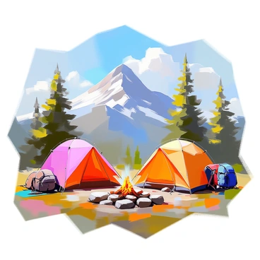 A cozy campsite featuring two colorful tents pitched on a grassy area. The tents are nestled among tall pine trees, creating a sheltered feeling. In the background, expansive mountains rise majestically, their peaks capped with snow. A clear blue sky stretches overhead, with a few fluffy white clouds drifting by. Near the tents, a small campfire crackles, surrounded by stones, with a few logs arranged for seating. The campsite is adorned with a couple of backpacks and hiking gear, indicating recent activity.