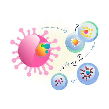 A cluster of immune cells is depicted in a vibrant scene. In the center, a large macrophage with a rounded shape is extending its pseudopodia, actively engulfing a colorful antigen depicted as a small, irregularly shaped object. Nearby, a group of lymphocytes with distinct nuclei is engaged in communication, with arrows showing the directional movement of proteins in and out of the cells, illustrating the process of active transport. The background is a soft gradient, enhancing the focus on the immune cells and their interaction with the antigens. The overall image conveys a dynamic and biological process of immune response.