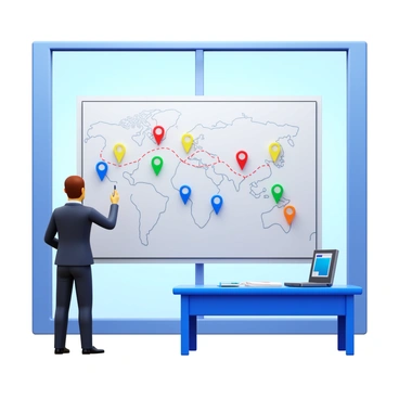 A broker standing in front of a large wall map. The map is filled with colorful pins that mark various transport routes. The broker is examining the map closely, wearing a professional suit and holding a pen. The pins are in vibrant colors like red, blue, and green, indicating different types of transport routes. The surrounding environment features a modern office with a large window providing natural light, and there are charts and documents on a nearby desk.