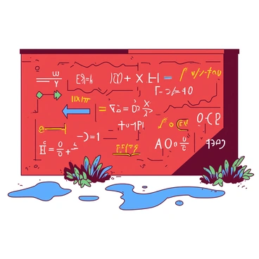 A red city wall is covered with vibrant, colorful graffiti made of various equations and mathematical formulas. The graffiti includes intricate designs that intertwine with the formulas, showcasing a mix of geometric shapes and abstract symbols. In front of the wall, there are several splashes of blue paint that contrast against the red background, enhancing the overall visual impact of the scene. A few small plants grow at the base of the wall, adding a touch of greenery to the urban environment.