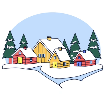 A snow-covered Russian village with several wooden houses featuring sloping roofs. The houses are painted in warm colors, contrasting with the white snow. Tall pine trees surround the village, their branches heavy with fresh snow. The ground is blanketed in thick, white snow that reflects the soft light. A clear blue sky is visible above, enhancing the winter atmosphere.