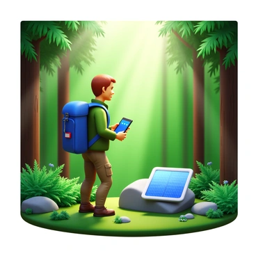A hiker with a backpack is using a portable solar charger. The hiker has short brown hair and is wearing a green jacket with cargo pants. Sunlight filters through the dense canopy of tall trees, creating patches of light on the forest floor. The ground is covered with rich green ferns and small wildflowers. The solar charger is positioned on a flat rock next to the hiker, displaying a few charging lights. A gentle breeze rustles the leaves around the scene.