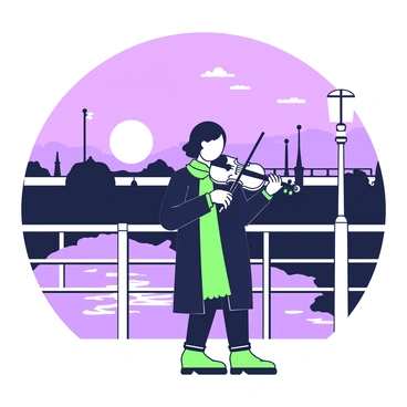 A street musician is playing a violin on an empty bridge during twilight. The musician has medium-length hair and is wearing a dark coat and a scarf. The violin is positioned under the musician's chin, while the bow is drawn across the strings. The bridge has a solid structure with railings on either side. In the background, the sky transitions into darker shades, indicating the onset of night, while the last rays of sunlight cast a soft glow across the scene. There is a light mist rising from the river below, enhancing the atmosphere.