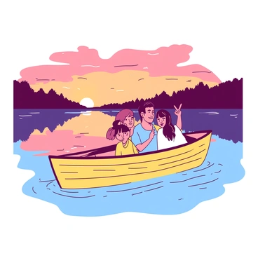 A yellow wooden boat is floating gently on a tranquil lake during sunset. In the boat, a family of four is seated comfortably. The parents are smiling as they watch the colorful sky, while two children are pointing at the vibrant clouds. The sun casts a warm orange glow across the water, reflecting the delicate hues of the sky. The silhouettes of trees can be seen lining the shore in the background, creating a serene atmosphere. The gentle ripples in the lake add to the peaceful scene.