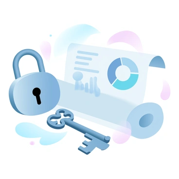A vintage lock and an ornate key are positioned next to a financial document that displays various figures and graphs. The lock is intricately designed with a shiny metallic finish, while the key has a decorative handle that complements the lock. The financial document is partially rolled, showcasing a pie chart and a line graph indicating growth. Soft gradient pastel colors merge to create a harmonious backdrop, enhancing the symbolism of secure investments.