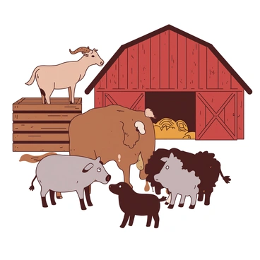 A rustic barnyard scene featuring various farm animals gathered together in a huddle. In the center, a brown cow with white spots is whispering to a gray sheep, while a curious chicken peeks over the cow's back. Nearby, a black pig is looking around cautiously, and a light brown goat stands on a wooden crate, appearing to lead the group. The barn in the background has weathered red wood and open doors revealing hay bales. The animals have expressions of mischief as they appear to be plotting against the farmer.