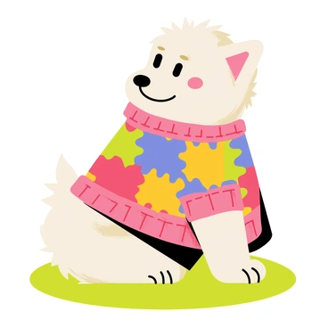 A small dog with fluffy fur is wearing a snug sweater made of colorful granny squares. The sweater features various bright colors such as red, blue, and yellow, with each square distinctly shaped and neatly stitched together. The dog is sitting on a grassy patch, with its ears perked up and a playful expression on its face. Sunlight gently highlights the textures of its fur and the intricate patterns of the sweater.