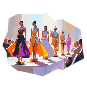 A group of fashion models gracefully strut down a runway, each dressed as a distinct chess piece. The first model embodies a sleek queen, adorned in a regal black gown with intricate gold detailing, her confident posture commanding attention. Next, a model portrays a knight, wearing a structured outfit resembling a horse's head, complete with flowing fabric that mimics mane details. Following her, a model dressed as a bishop showcases a long, elegant robe in deep purple, with a sharply pointed hood. Another model represents a rook, standing tall in a boxy, fortress-inspired ensemble, with bold lines and a square silhouette. The final model resembles a king, wearing a luxurious, jewel-toned cloak embellished with shimmering patterns. The runway is lined with bright lights and an enthusiastic audience captivated by the unique fashion presentation.